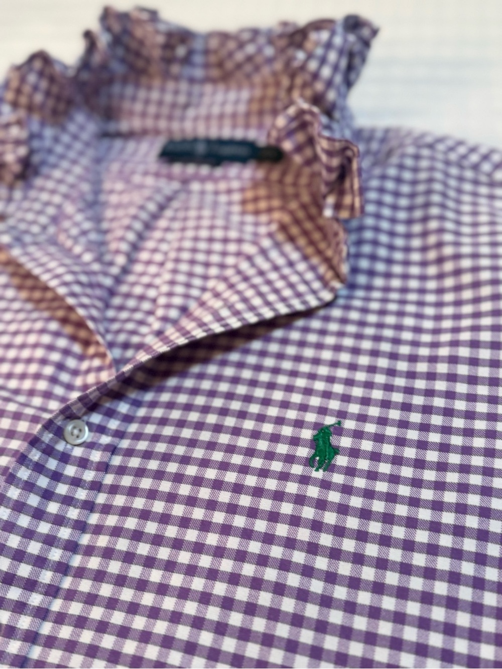 Upcycled Men’s Ralph Lauren Lavender and White Gingham Ruffle Collar Shirt - Picture 6 of 8